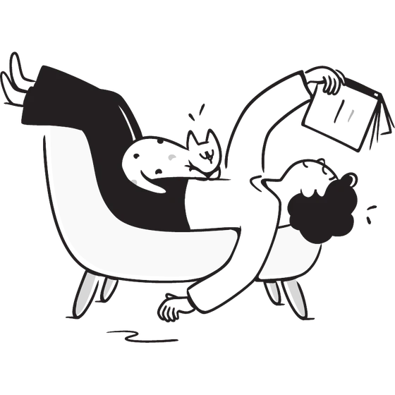 Illustration of a person relaxing on a sofa with a cat while another person reads