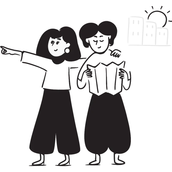 Illustration of two people looking at a map in the sunshine
