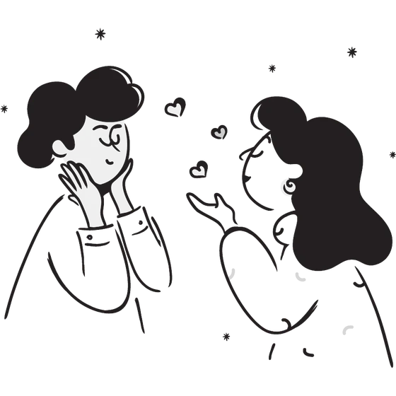 Illustration of a couple smiling at each other with hearts