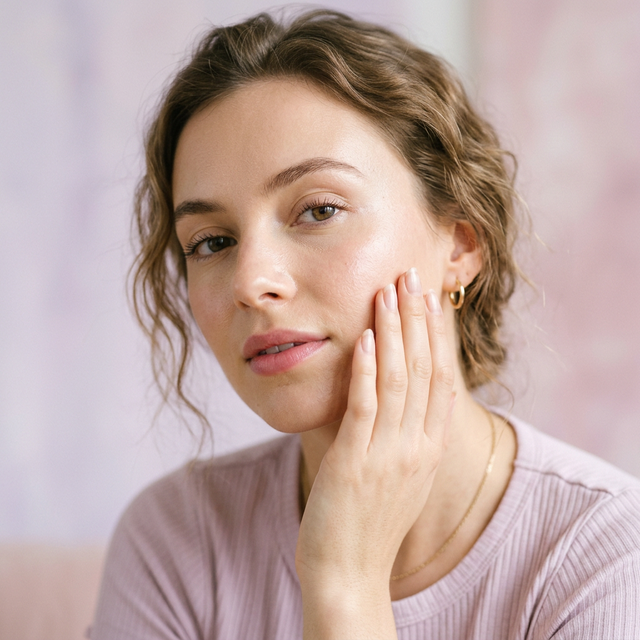 Woman gently touching her face — skin barrier health