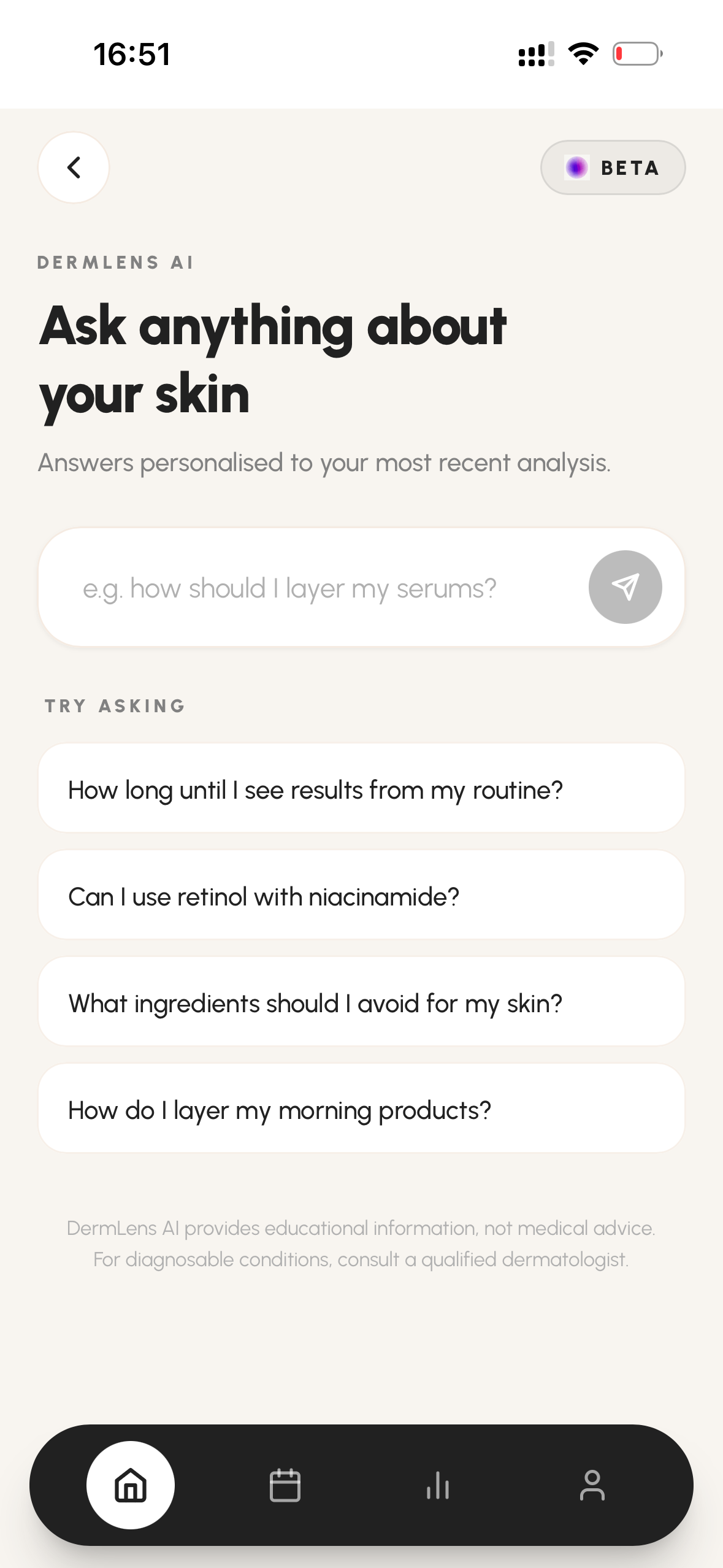 DermLens AI chat — suggested questions like "Can I use retinol with niacinamide?"