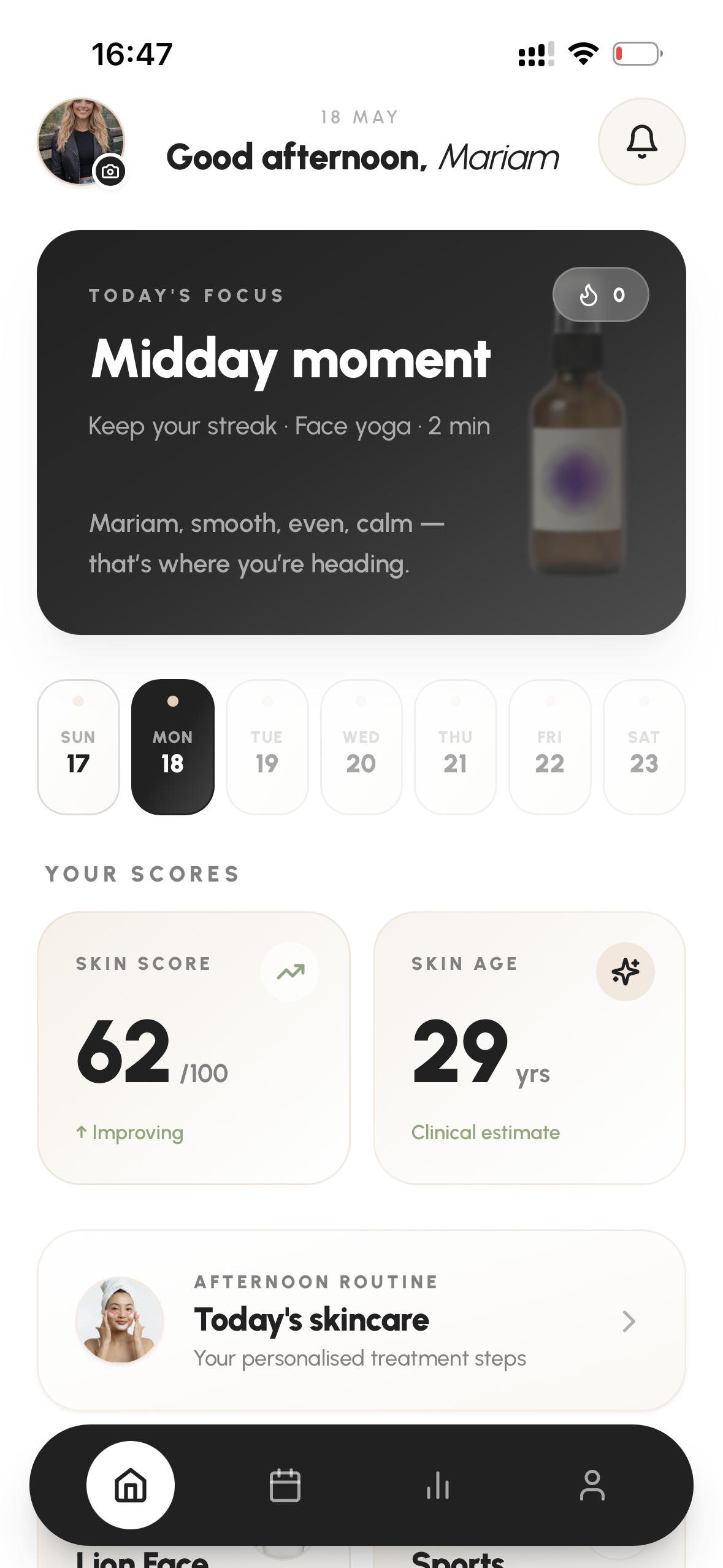 DermLens app home screen — greeting, today's focus, weekly streak, Skin Score 62, Skin Age 29